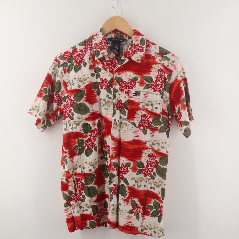 Tommy Hilfiger Shirt Mens Large Hawaiian Tropical Floral Hibiscus Red Excellent